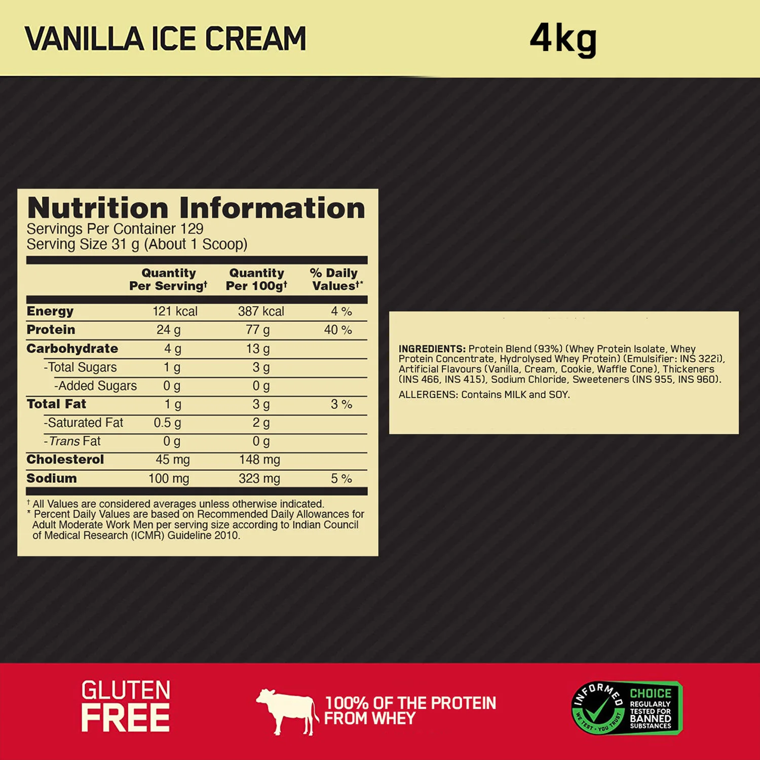 Gold Standard 100% Whey Protein Powder  Vanilla Ice Cream  4 kg and Micronized Creatine Powder  Unflavoured 250 g - Image 6