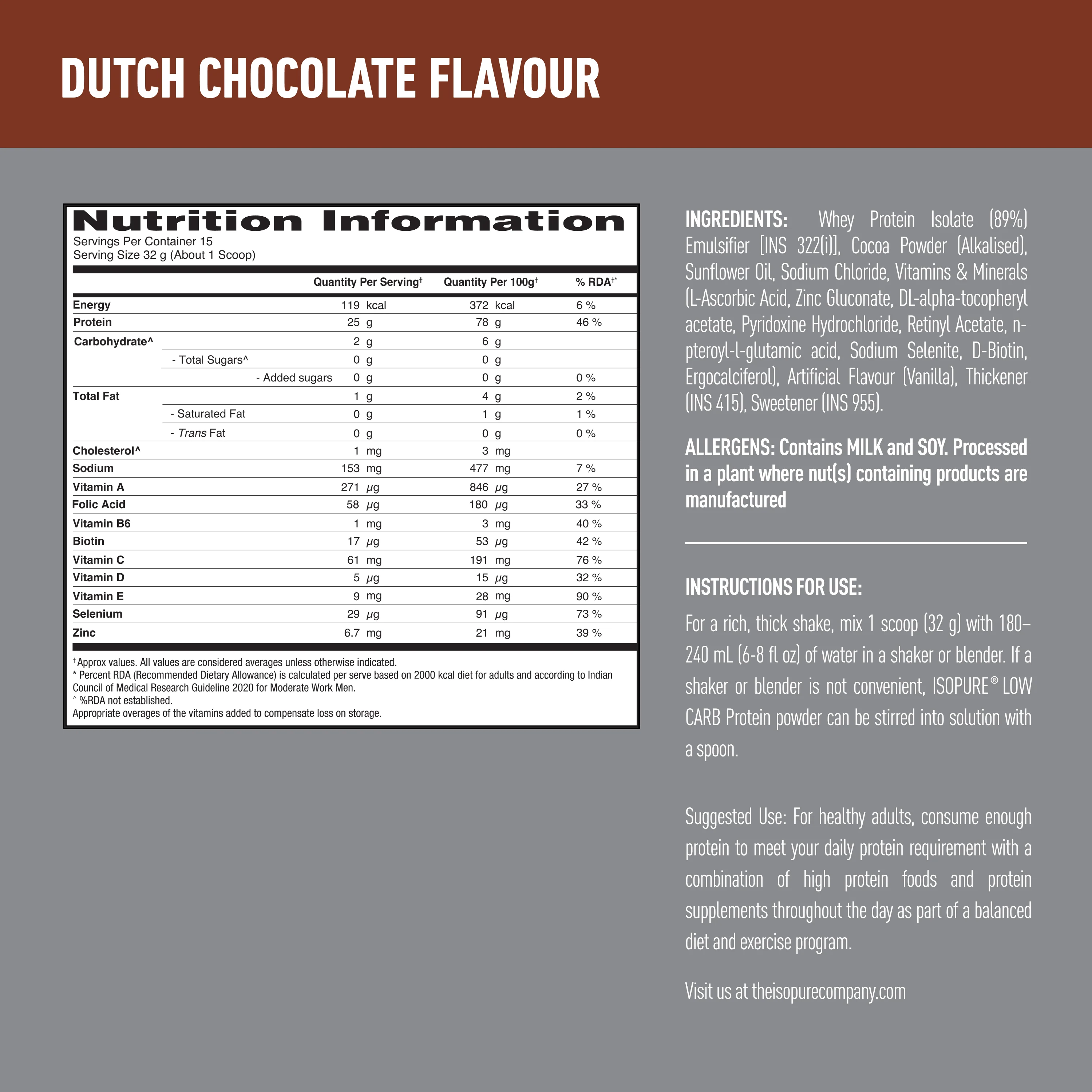 Isopure Dutch Chocolate - 500g / 1.1lb (Low Carb, Lactose-Free, Zero Added Sugar) - Image 9