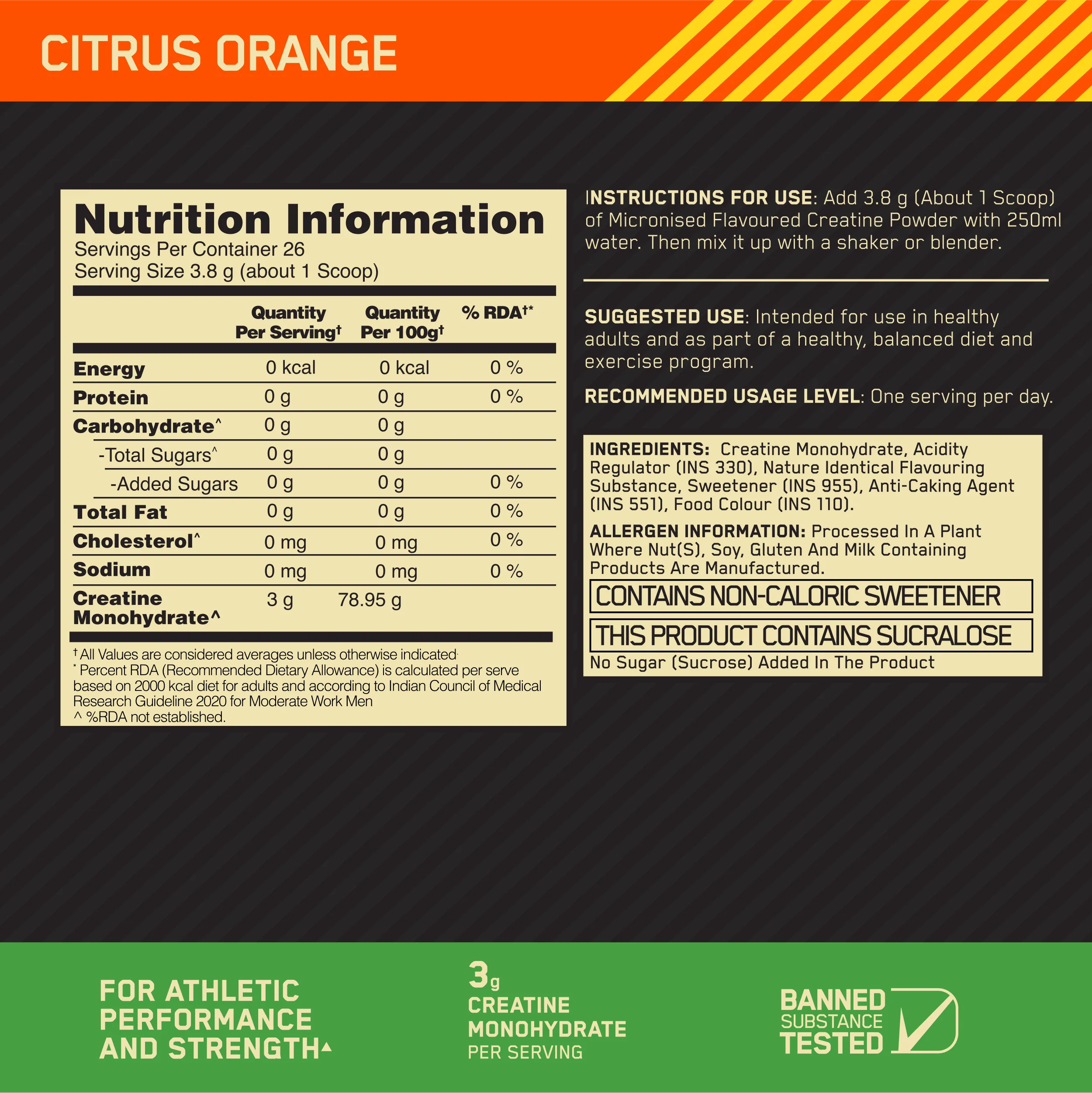Optimum Nutrition (ON) Micronized Creatine Powder - 100g, Citrus Orange - Image 7