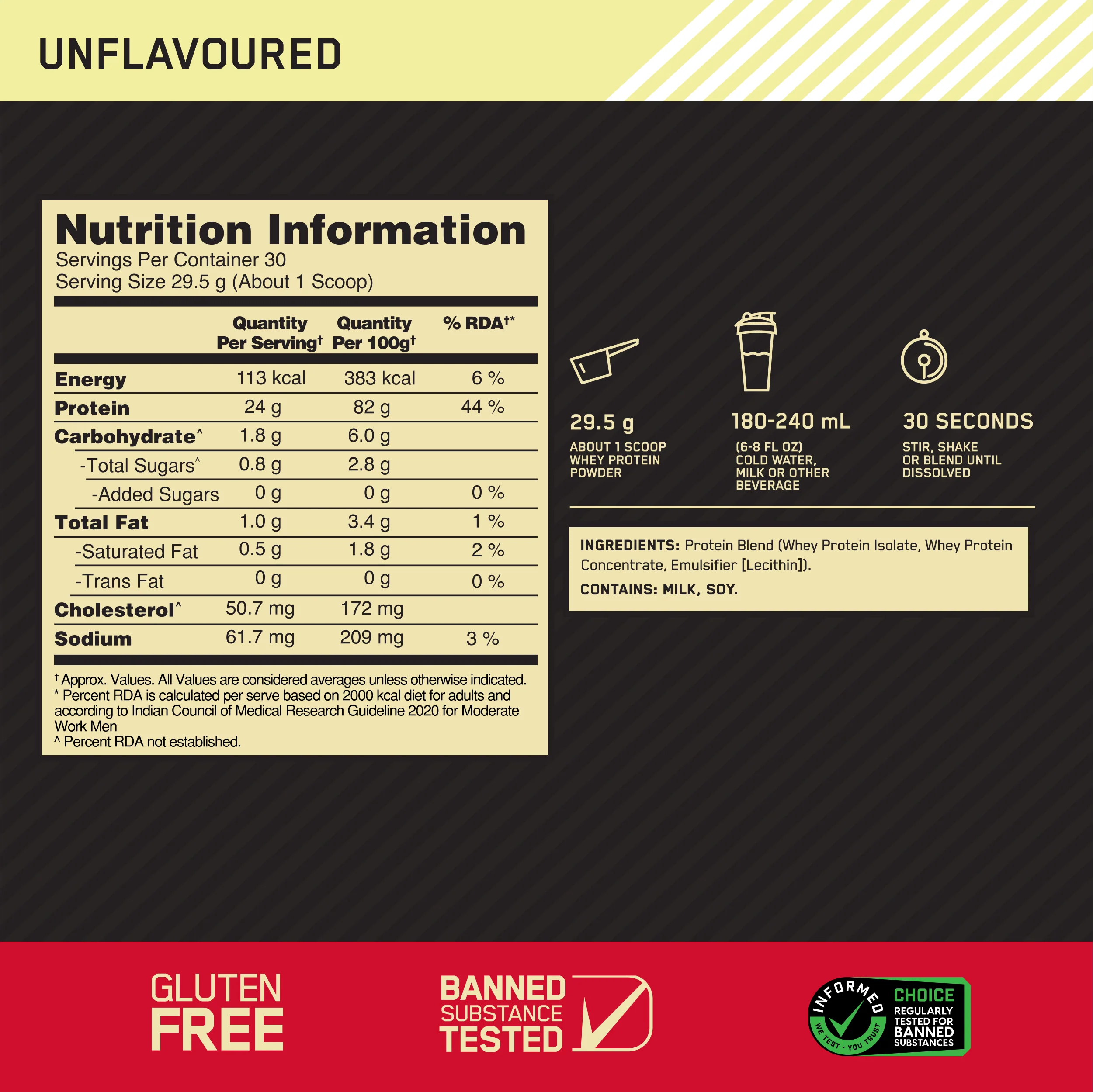 Unflavoured Optimum Nutrition (ON) Gold Standard 100% Whey Protein Powder - 2 lb, 907 g - Image 10
