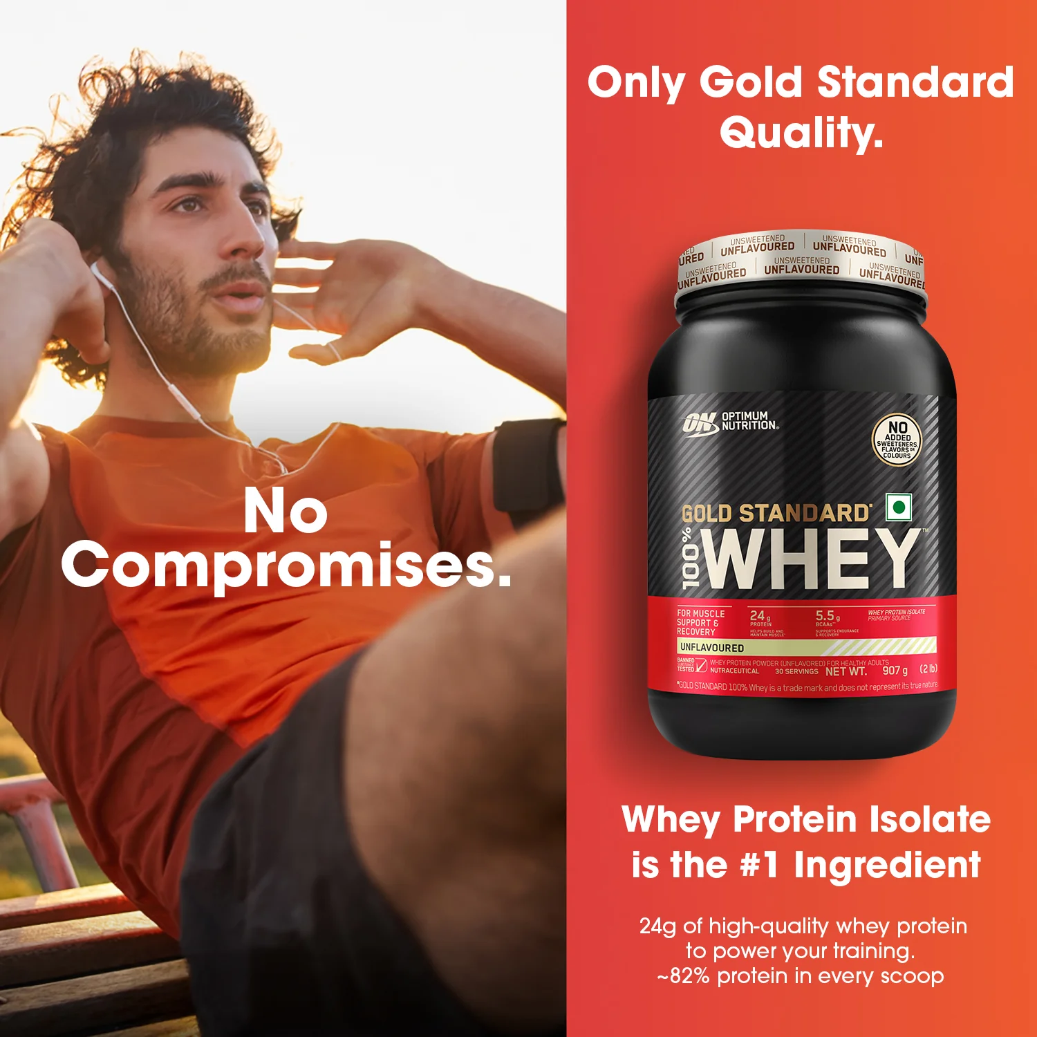 Unflavoured Optimum Nutrition (ON) Gold Standard 100% Whey Protein Powder - 2 lb, 907 g - Image 5